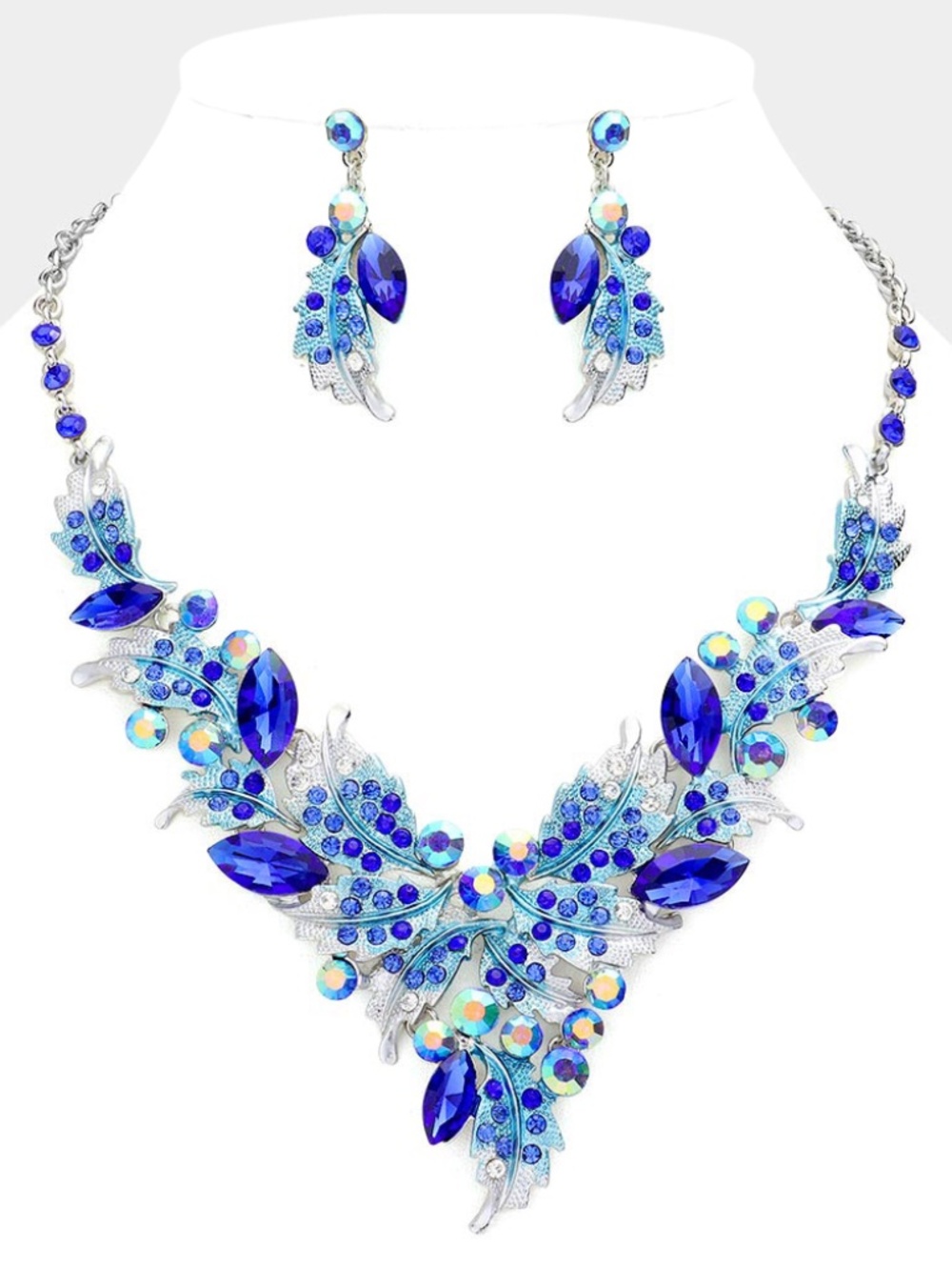Leaves Butterfly Evening Necklace Cobalt Blue Crystals